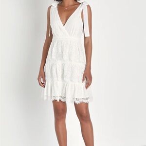 Lulus Sweet Flattery White Lace Tiered Tie-Strap Mini Dress